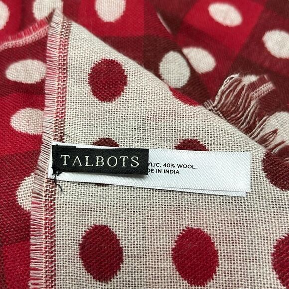 Talbots Women’s Red Cream Polka Dot Wool Blend Fashion Scarf Fringe 75”, 17.5” - Picture 14 of 16